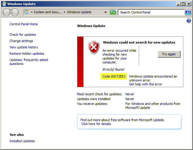  to allow for Windows Update Internet amp; Corporate WSUS – 80072EE2